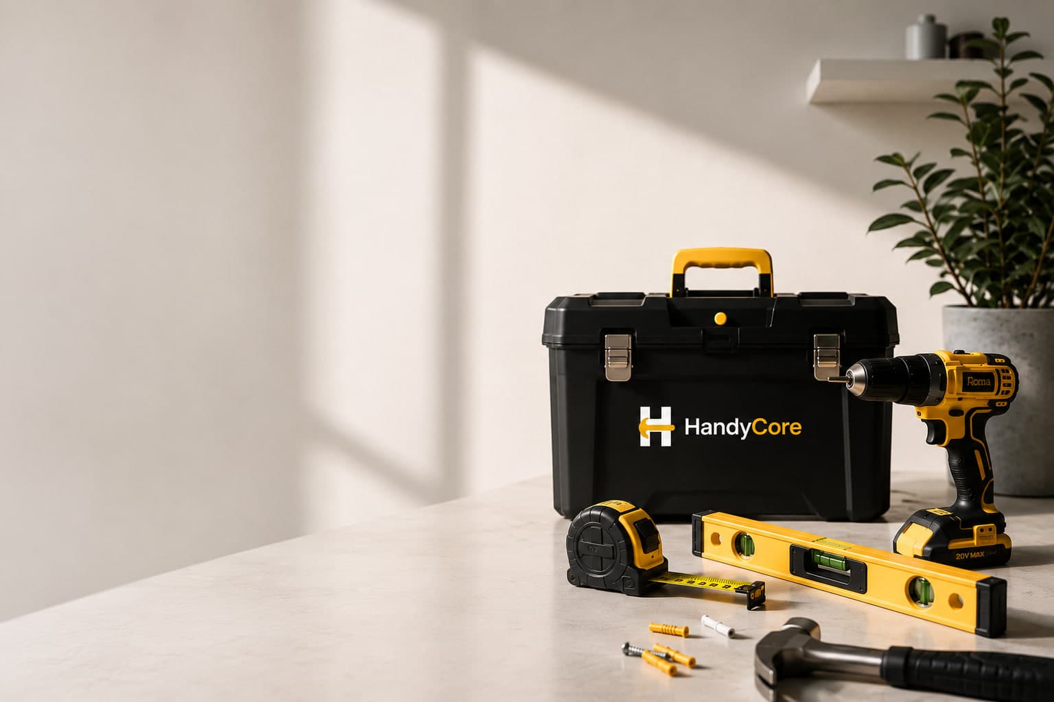 HandyCore toolbox, drill, level and hand tools laid out in a bright home